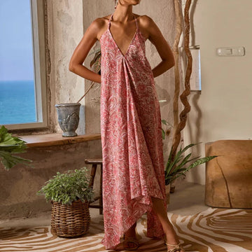 MQTIME  -  Vintage Pattern Print Loose Irregular Long Dress Women Spring V Neck Halter Boho Maxi Dress Summer Backless Vacation Beach Dress